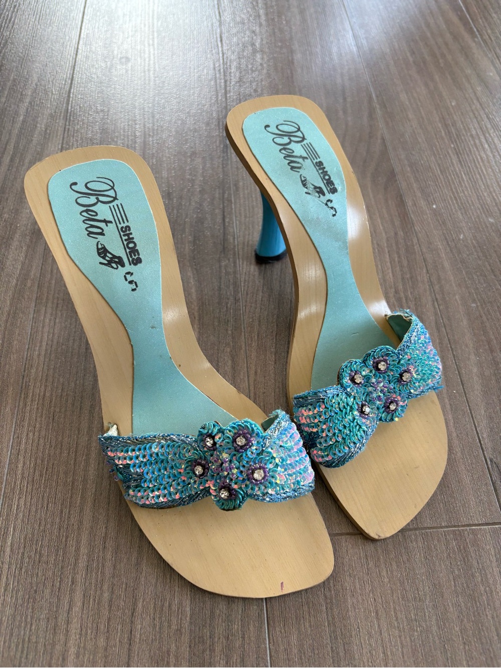 Y2K Fairycore Blue Sequin Floral Slide Heels